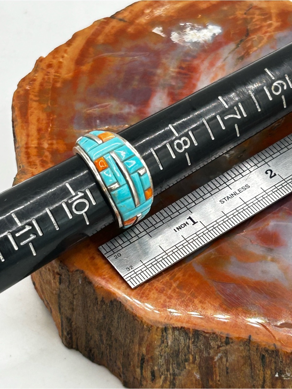 Southwest Turquoise and Coral Inlay Ring, sterling silver - Size 9 - Picture 7 of 7